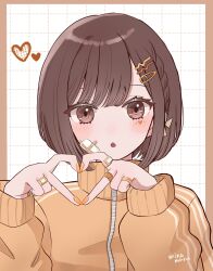 Rule 34 | 1girl, :o, bandage on face, bandage on finger, bandages, bandaid, bandaid on hand, blush, border, bow, braid, brown border, brown eyes, brown hair, commentary request, fingernails, hair behind ear, hair bow, hair ornament, hairclip, hairpin, heart, heart hands, highres, jacket, jewelry, looking at viewer, makeup, minacoco3755, nail polish, open mouth, orange jacket, orange nails, project sekai, ring, shinonome ena, short hair, signature, simple background, single braid, solo, swept bangs, track jacket, upper body, white background