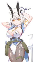 Rule 34 | 1girl, absurdres, alternate costume, animal ears, blue archive, breasts, detached collar, fake animal ears, halo, hat, highres, holster, large breasts, leotard, muteppona hito, necktie, nurse cap, pantyhose, playboy bunny, rabbit ears, sena (blue archive), short hair, solo, strapless, strapless leotard, white background, white hair, wrist cuffs, yellow eyes