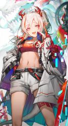Rule 34 | 1girl, :d, absurdres, arknights, bandeau, belt, black belt, commentary, cowboy shot, fangs, highres, horns, jacket, lentain, long hair, long sleeves, looking at viewer, midriff, multicolored hair, navel, nian (arknights), open clothes, open jacket, open mouth, pointy ears, purple eyes, red hair, short shorts, shorts, silver hair, smile, solo, standing, stomach, strapless, streaked hair, thighs, tube top, white jacket, white shorts, wide sleeves