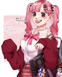 Rule 34 | 1girl, alternate costume, artist name, black eyes, blush, crown, hair ornament, highres, keychain, lips, lipstick, long hair, makeup, natsuki shio, one piece, open mouth, perona, pink hair, pink ribbon, red lips, ribbon, smile, solo, teeth, tongue, tongue out, translation request, twintails