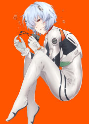 Rule 34 | 1girl, ayanami rei, bodysuit, fetal position, from side, fuyuhi tsukika, hair over one eye, highres, neon genesis evangelion, open mouth, orange background, plugsuit, red eyes, short hair, silver hair, simple background, solo, tears, white bodysuit