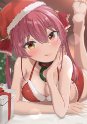 Rule 34 | 1girl, :q, bare shoulders, barefoot, bikini, blush, box, breasts, christmas, christmas tree, cleavage, gift, gift box, hair ornament, hair ribbon, hand on own face, hat, heterochromia, highres, hololive, houshou marine, houshou marine (summer), large breasts, leg up, long hair, looking at viewer, lying, on stomach, red eyes, red hair, red ribbon, ribbon, santa bikini, santa hat, smile, solo, star (symbol), star hair ornament, swimsuit, teruhoshi, tongue, tongue out, twintails, virtual youtuber, wreath, yellow eyes