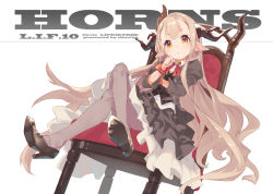 Rule 34 | 1girl, blonde hair, chair, crossed legs, grey pantyhose, high heels, horns, long hair, looking at viewer, original, pantyhose, pointy ears, red upholstery, shirabi, sitting, solo, very long hair, white background, wrist cuffs, yellow eyes