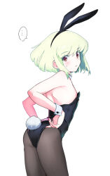 Rule 34 | ..., 1boy, ahoge, alternate costume, animal ears, armpit peek, ass, black leotard, black pantyhose, blush, closed mouth, colored eyelashes, cowboy shot, crossdressing, detached collar, fake animal ears, fake tail, from behind, green hair, leaning forward, leotard, lio fotia, looking at viewer, looking back, male focus, male playboy bunny, ns1123, pantyhose, promare, purple eyes, rabbit ears, rabbit tail, short hair, sidelocks, simple background, solo, spoken ellipsis, standing, sweatdrop, tail, thighs, trap, white background