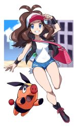 Rule 34 | 1girl, absurdres, bag, bare legs, baseball cap, blue eyes, blue shorts, breasts, brown hair, commentary, creatures (company), full body, game freak, gen 5 pokemon, grimmelsdathird, grin, handbag, hat, highres, hilda (pokemon), nintendo, pokemon, pokemon (creature), pokemon bw, short shorts, shorts, small breasts, smile, symbol-only commentary, tank top, tepig, thighs, white tank top