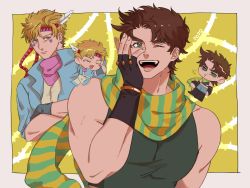 Rule 34 | 2boys, 4boys, :d, b01222, bare shoulders, battle tendency, blonde hair, blue jacket, brown hair, caesar anthonio zeppeli, chibi, crossed arms, dual persona, facial mark, feather hair ornament, feathers, fingerless gloves, gloves, green eyes, green scarf, hair ornament, hand on own face, headband, hermit purple, highres, jacket, jojo no kimyou na bouken, joseph joestar, joseph joestar (young), male focus, multicolored clothes, multicolored scarf, multiple boys, one eye closed, open mouth, pink scarf, plant, pout, scarf, smile, stand (jojo), striped clothes, striped scarf, thorns, triangle print, vertical-striped clothes, vertical-striped scarf, vines, yellow scarf