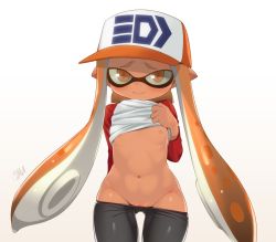 Rule 34 | 1girl, arm behind back, artist name, baseball cap, bike shorts, bike shorts pull, blush, closed mouth, clothes lift, cowboy shot, dark-skinned female, dark skin, female focus, flashing, flat chest, gluteal fold, groin, happy, hat, inkling, inkling girl, inkling player character, japanese text, jpeg artifacts, long hair, long sleeves, looking at viewer, matching hair/eyes, navel, nintendo, nipples, no bra, no panties, orange eyes, orange hair, orange hat, pointy ears, shiny skin, shirt, shirt lift, short hair with long locks, shourin bonzu, shy, signature, simple background, skindentation, smile, solo, splatoon (series), standing, straight-on, tentacle hair, tentacles, twintails, white background