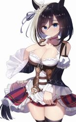 Rule 34 | 1girl, absurdres, animal ears, apron, bare shoulders, black hair, black sleeves, black thighhighs, blouse, blue eyes, bob cut, bodice, breasts, choker, cleavage, closed mouth, commentary request, detached sleeves, dirndl, ear ornament, ear scrunchie, eishin flash (umamusume), frilled apron, frilled sleeves, frills, german clothes, hair between eyes, highres, horse ears, horse girl, jewelry, large breasts, looking at viewer, outdoors, partial commentary, red choker, scrunchie, shirt, short hair, smile, solo, taguchi yuu, thighhighs, umamusume, upper body, white apron, white scrunchie, white shirt