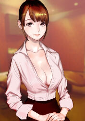 Rule 34 | 1girl, black skirt, blurry, blurry background, breasts, brown eyes, brown hair, cleavage, closed mouth, depth of field, dytm, highres, large breasts, looking at viewer, original, own hands together, partially unbuttoned, sailor collar, shirt, shirt tucked in, short hair, skirt, sleeves rolled up, smile, solo, white shirt