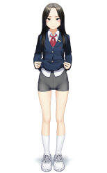 Rule 34 | 1girl, bike shorts, bike shorts under skirt, black eyes, black hair, blazer, blue jacket, blush, closed mouth, clothes lift, commentary, cross-laced footwear, dress shirt, frown, full body, grey shorts, half-closed eyes, highres, jacket, lifted by self, long hair, long sleeves, looking at viewer, maburu (lojyq1eur3e8bit), neck ribbon, original, red ribbon, ribbon, school uniform, shirt, shoes, shorts, simple background, skirt, skirt lift, sneakers, socks, solo, standing, straight hair, white background, white shirt, white shorts, white socks, wing collar