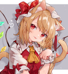 Rule 34 | 1girl, :p, animal ear fluff, animal ears, ascot, blonde hair, blush, border, bow, cat ears, cat tail, commentary request, crystal, drop shadow, flandre scarlet, frilled shirt collar, frills, grey background, hand up, hat, hat bow, head tilt, highres, kemonomimi mode, long hair, looking at viewer, mob cap, mokyuko, one side up, outside border, paw pose, puffy short sleeves, puffy sleeves, red bow, red eyes, red vest, shirt, short sleeves, smile, solo, tail, tongue, tongue out, touhou, upper body, vest, white border, white hat, white shirt, wings, wrist cuffs, yellow ascot