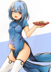 Rule 34 | 1girl, :d, bad id, bad pixiv id, between legs, blue dress, blue eyes, blue hair, breasts, china dress, chinese clothes, covered navel, curry, dress, eyebrows, eyelashes, food, hand on own stomach, heterochromia, highres, holding, koretsuki aduma, looking at viewer, matching hair/eyes, medium breasts, no panties, open mouth, pelvic curtain, red eyes, short hair, short sleeves, smile, solo, tatara kogasa, thighhighs, touhou, two-tone background, white thighhighs