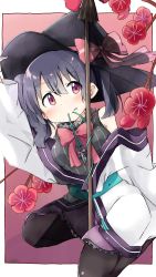 1girl, armpit crease, bangs, bare shoulders, black hair, black headwear, black legwear, black shirt, blush, bow, bowtie, broom, cherry blossoms, collared shirt, commentary request, dash b, eyebrows visible through hair, framed, full body, hair between eyes, hair over shoulder, hand on headwear, hat, hat bow, highres, japanese clothes, kimono, long sleeves, looking to the side, medium hair, off shoulder, outline, pink background, pink bow, pink neckwear, purple skirt, red eyes, shiny, shiny hair, shirt, signature, sitting, skirt, sleeveless, sleeveless shirt, solo, thighhighs, twintails, urara meirochou, wariza, white outline, witch, witch hat, yukimi koume