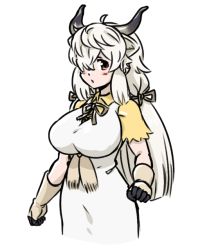 Rule 34 | 1girl, acesrulez, blush, bow, bowtie, brown eyes, brown neckwear, collared shirt, commentary request, cowboy shot, dress, extra ears, gloves, hair bow, hair over one eye, kemono friends, long dress, long hair, neck ribbon, ox ears, ox girl, ox horns, ribbon, shirt, short sleeves, solo, white dress, white gloves, white hair, yak (kemono friends), yellow shirt