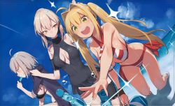 Rule 34 | 3girls, :d, absurdres, ahoge, artoria pendragon (all), artoria pendragon (alter swimsuit rider) (first ascension) (fate), artoria pendragon (fate), bare shoulders, bikini, black one-piece swimsuit, blonde hair, blue sky, breasts, casual one-piece swimsuit, cleavage, day, drooling, dutch angle, earrings, eating, fate/grand order, fate (series), food, green eyes, grey hair, hair bun, hair intakes, halterneck, highres, hood, hooded jacket, hoodie, horizon, jacket, jeanne d&#039;arc (fate), jeanne d&#039;arc alter (avenger) (fate), jeanne d&#039;arc alter (fate), jewelry, katsudansou, kneeling, large breasts, light brown hair, long hair, medium breasts, multiple girls, navel, nero claudius (fate), nero claudius (fate) (all), nero claudius (swimsuit caster) (fate), official alternate costume, one-piece swimsuit, open clothes, open hoodie, open jacket, open mouth, outdoors, outstretched hand, popsicle, profile, ramune, saber alter, short hair, side-tie bikini bottom, sideboob, single hair bun, sky, sleeves rolled up, smile, striped bikini, striped clothes, sweatdrop, swimsuit, twintails, very long hair, yellow eyes