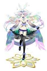 Rule 34 | 1girl, angel, angel wings, black thighhighs, blue bow, blue eyes, blue skirt, bow, choker, detached sleeves, feathers, full body, gem, head wings, highres, long hair, looking at viewer, miniskirt, multicolored hair, original, pocketland, rainbow hair, revealing clothes, sash, see-through, skirt, smile, solo, standing, standing on one leg, thigh strap, thighhighs, twintails, white background, wings, yamimomo