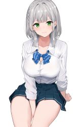 Rule 34 | 1girl, absurdres, between legs, blue bow, blush, bow, braid, breasts, cleavage, collarbone, collared shirt, french braid, green eyes, hand between legs, highres, hololive, large breasts, looking at viewer, pleated skirt, rinfamm, school uniform, shirogane noel, shirogane noel (school uniform), shirt, short hair, silver hair, simple background, skirt, sleeves rolled up, smile, solo, virtual youtuber, white background, white shirt