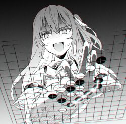 Rule 34 | 1girl, board game, collared shirt, go (board game), greyscale, hair between eyes, hair ribbon, highres, hololive, hoshimachi suisei, hoshimachi suisei (streetwear), jacket, long hair, monochrome, neck ribbon, nervous sweating, off shoulder, official alternate costume, open clothes, open jacket, open mouth, playing games, reaching, ribbon, shirt, since2019, sleeveless, sleeveless shirt, sweat, teeth, textless version, upper teeth only, virtual youtuber