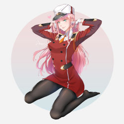 Rule 34 | 10s, 1girl, absurdres, black pantyhose, darling in the franxx, feet, green eyes, hat, highres, kneeling, long hair, looking at viewer, no shoes, pantyhose, parted lips, pink hair, signature, solo, uniform, user prcj3453, zero two (darling in the franxx)