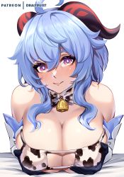 Rule 34 | 1girl, ahoge, animal print, artist name, bell, bikini, black gloves, blue hair, blush, breasts, breasts squeezed together, covered erect nipples, cow print, detached sleeves, dr altruist, embarrassed, eyepatch bikini, ganyu (genshin impact), genshin impact, gloves, grabbing own breast, horns, large breasts, looking at viewer, neck bell, print bikini, purple eyes, sidelocks, skindentation, solo, swimsuit, upper body, white background