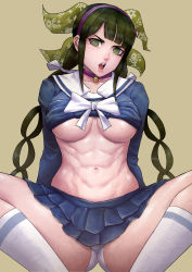 Rule 34 | 1girl, abs, absurdres, bell, black hair, blue skirt, bow, breasts, chabashira tenko, choker, cirenk, clothes lift, commentary, commission, danganronpa (series), danganronpa v3: killing harmony, english commentary, gluteal fold, green eyes, green ribbon, hair ribbon, hairband, highres, jingle bell, layered skirt, lips, long hair, long twintails, looking at viewer, m legs, medium breasts, mole, mole under mouth, muscular, muscular female, navel, neck bell, no bra, open mouth, panties, pantyshot, purple choker, purple hairband, ribbon, school uniform, serafuku, shiny skin, shirt lift, simple background, sitting, skirt, socks, solo, spread legs, stomach, sweat, teeth, twintails, underboob, underwear, upper teeth only, very long hair, white panties, white socks