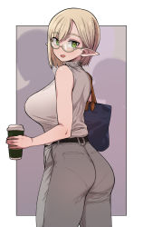 Rule 34 | 1girl, ass, bag, blonde hair, breasts, cup, disposable cup, elf, geso smith, glasses, green eyes, grey pants, grey shirt, highres, holding, holding cup, huge breasts, looking at viewer, mole, mole under eye, office lady, original, pants, pantylines, parted lips, pointy ears, shirt, shirt tucked in, short hair, shoulder bag, simple background, sleeveless, sleeveless shirt, solo