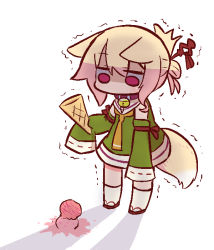 Rule 34 | 1girl, animal ears, bell, blonde hair, brown collar, brown footwear, chibi, collar, detached sleeves, double scoop, food, fox ears, fox girl, fox tail, green shirt, green sleeves, hair between eyes, hair ornament, holding, holding food, ice cream, ice cream cone, jingle bell, kemomimi-chan (naga u), kneehighs, long sleeves, looking away, looking down, naga u, neck bell, original, red eyes, ribbon-trimmed sleeves, ribbon trim, sailor collar, shaded face, shirt, sleeveless, sleeveless shirt, sleeves past fingers, sleeves past wrists, socks, solo, tail, trembling, white sailor collar, white socks