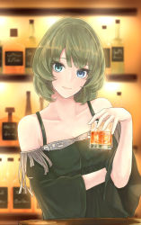 Rule 34 | 10s, 1girl, alcohol, bar (place), blue eyes, blush, breasts, cleavage, cup, drinking glass, green eyes, green hair, heterochromia, holding, holding cup, holding drinking glass, idolmaster, idolmaster cinderella girls, indoors, large breasts, looking at viewer, mole, mole under eye, sarada doraivu, short hair, smile, solo, takagaki kaede