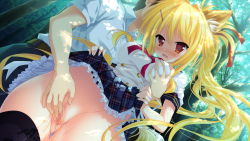 Rule 34 | 1girl, animal ears, blonde hair, blush, grabbing another&#039;s breast, breasts, censored, clothes lift, fang, fingering, forest, fox ears, game cg, grabbing, karin amagi, long hair, magical marriage lunatics!!, moonstone, nature, open mouth, red eyes, skirt, skirt lift, thighhighs, tree, yamakaze ran