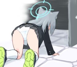Rule 34 | 1girl, all fours, animal ear fluff, animal ears, arm support, ass, back, black skirt, blazer, blue archive, buttoned cuffs, buttons, commentary request, from behind, halo, highres, indoors, jacket, kneehighs, kneepits, long sleeves, medium hair, panties, pantyshot, paskmel, plaid, plaid skirt, pleated skirt, school uniform, shiroko (blue archive), shoes, sidelocks, skirt, sneakers, socks, solo, tile floor, tiles, underwear, white panties, white socks, wolf ears, wolf girl