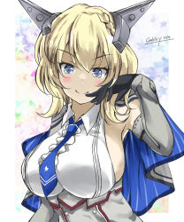 Rule 34 | 1girl, artist logo, black gloves, blonde hair, blue eyes, blue necktie, braid, breasts, capelet, colorado (kancolle), commentary request, dress, elbow gloves, gakky, garrison cap, gloves, grey dress, grey hat, hat, headgear, kantai collection, large breasts, looking at viewer, necktie, one-hour drawing challenge, shirt, short hair, side braids, sideboob, sleeveless, solo, white shirt