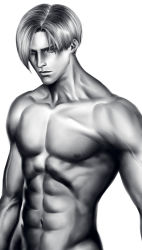 Rule 34 | 1boy, abs, curtained hair, greyscale, leon s. kennedy, male focus, manly, mayu (mt x my), monochrome, muscular, navel, nude, out-of-frame censoring, resident evil, solo, upper body, veins
