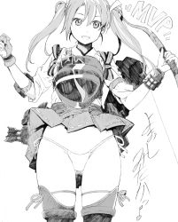 Rule 34 | 1girl, absurdres, arrow (projectile), boots, clothes lift, gloves, gluteal fold, greyscale, groin, highres, kantai collection, long hair, looking at viewer, monochrome, muneate, mvp, partially fingerless gloves, partly fingerless gloves, quiver, single glove, skindentation, skirt, skirt lift, smile, solo, thigh boots, thighhighs, thighs, twintails, underwear, white background, wind, wind lift, yoshinaga yunosuke, yugake, yumi (bow), zuikaku (kancolle), zuikaku kai ni (kancolle)