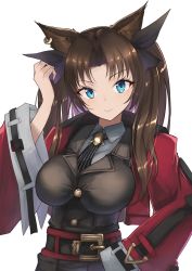 Rule 34 | 1girl, alternate breast size, animal ears, arknights, bad id, bad twitter id, belt, blue eyes, breasts, brown hair, cat ears, cosplay, fate/stay night, fate (series), hand on own hip, jacket, large breasts, necktie, red jacket, skyfire (arknights), skyfire (arknights) (cosplay), smile, tohsaka rin, twintails, ueda kana, vertical-striped clothes, vertical-striped necktie, voice actor connection, white background, yuzuruka (bougainvillea)