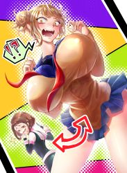 Rule 34 | !, !?, 2girls, ?, abstract background, absurdres, alternate breast size, amy1213, arrow (symbol), blonde hair, blue skirt, blunt bangs, blush, blush stickers, body switch, bodysuit, boku no hero academia, bouncing breasts, breasts, brown eyes, brown hair, cardigan, curvy, double bun, dutch angle, fangs, gainaxing, hair bun, highres, holding, holding knife, huge breasts, knife, large breasts, leaning forward, looking at another, looking back, microskirt, multiple girls, open mouth, personality switch, pleated skirt, scared, school uniform, serafuku, short hair, skirt, slit pupils, smile, smug, sparkle, spoken interrobang, sweat, thighs, toga himiko, unaligned breasts, uraraka ochako, yellow eyes