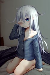Rule 34 | 1girl, absurdres, bare shoulders, barefoot, bed, blue eyes, blue shirt, blush, bottomless, collarbone, collared shirt, commentary request, dress shirt, hair between eyes, hand up, hibiki (kancolle), highres, indoors, kantai collection, long hair, long sleeves, off shoulder, on bed, parted lips, rubbing eyes, shirt, silver hair, sleeves past wrists, solo, tateishi kureha, twitter username, very long hair, waking up
