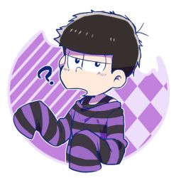 Rule 34 | 10s, 1boy, ?, bad id, bad pixiv id, black eyes, brown hair, checkered background, long sleeves, looking at viewer, male focus, matsuno ichimatsu, osomatsu-kun, osomatsu-san, osomatsu (series), purple background, short hair, simple background, sleeves past wrists, solo, striped clothes, striped sweater, sweater, upper body, yuusuke-kun