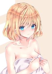 Rule 34 | 1girl, :/, alice margatroid, bare shoulders, beige background, blonde hair, blue eyes, blush, breasts, cleavage, closed mouth, collarbone, commentary request, hair between eyes, highres, large breasts, naked towel, nanase nao, short hair, simple background, solo, sweat, touhou, towel, upper body