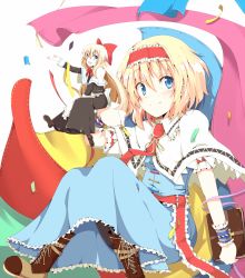Rule 34 | 1girl, alice margatroid, blonde hair, blue eyes, blush, book, boots, bow, buckle, capelet, chata maru (irori sabou), clothes, cross-laced footwear, dress, embellished costume, female focus, frills, hair bow, highres, knee boots, lace-up boots, shanghai doll, short hair, sitting, smile, solo, toggles, touhou, wrist cuffs