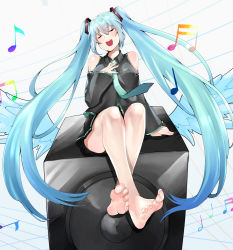 Rule 34 | 1girl, amplifier, aqua hair, bare legs, bare shoulders, barefoot, breasts, closed eyes, commentary request, eiji (eiji), feet, foot focus, foreshortening, hatsune miku, long hair, medium breasts, miniskirt, music, musical note, necktie, open mouth, singing, sitting, skirt, soles, solo, toes, twintails, very long hair, vocaloid, wings, zipper