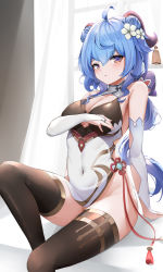 Rule 34 | 1girl, :o, absurdres, ahoge, bare shoulders, bell, berserker r, blue hair, bodystocking, breasts, bridal gauntlets, brown thighhighs, chinese clothes, cleavage, covered navel, curled horns, curtains, flower, flower knot, ganyu (genshin impact), genshin impact, goat horns, gold trim, hair flower, hair ornament, highres, horns, large breasts, long hair, looking at viewer, navel, pelvic curtain, qingxin flower, sitting, solo, thighhighs, thighlet, thighs, vision (genshin impact), window, yellow eyes