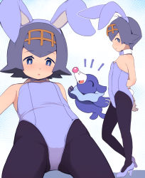 Rule 34 | 1girl, ^^^, alternate costume, animal ears, armpits, arms behind back, bare shoulders, black pantyhose, blue background, blue bow, blue eyes, blue footwear, blue hair, blue hairband, blue leotard, blue neckwear, blush, bow, bowtie, bright pupils, brown hairband, commentary request, creatures (company), detached collar, fake animal ears, fake tail, flat chest, from below, from side, game freak, garoudo (kadouhan&#039;i), gen 7 pokemon, gloves, gluteal fold, hairband, high heels, lana (pokemon), leotard, looking at viewer, looking down, looking to the side, multiple views, nintendo, pantyhose, playboy bunny, pokemon, pokemon (creature), pokemon sm, popplio, profile, rabbit ears, rabbit tail, short hair, strapless, strapless leotard, tail, two-tone background, white background, white gloves
