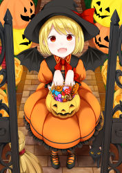 Rule 34 | 1girl, :d, absurdres, black cat, black legwear, blonde hair, blush, broom, brown eyes, candy, cat, demon wings, dress, eyebrows, fang, food, from above, gate, halloween, hat, head tilt, highres, holding, jack-o&#039;-lantern, lollipop, looking up, mary janes, neck ribbon, open mouth, orange dress, original, pigeon-toed, puffy short sleeves, puffy sleeves, red ribbon, ribbon, shoes, short sleeves, smile, socks, solo, standing, striped clothes, striped legwear, striped socks, swept bangs, swirl lollipop, tsunamayo (flying cat), wing collar, wings, witch, witch hat, wrapped candy