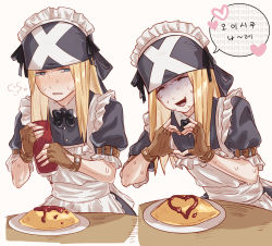 Rule 34 | 1boy, absurdres, apron, axl low, bad id, bad twitter id, bandana, bbhdrrr, black bow, black bowtie, blonde hair, blue eyes, blush, bow, bowtie, closed eyes, crossdressing, embarrassed, fingerless gloves, food, forced smile, frilled apron, frills, gloves, guilty gear, heart, heart hands, highres, ketchup, korean text, long hair, looking at viewer, maid, maid apron, maid headdress, male focus, omelet, omurice, open mouth, smile, speech bubble, sweat, translation request, watch, white background