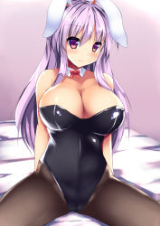 Rule 34 | 1girl, alternate costume, animal ears, bed, black leotard, black pantyhose, blanket, bow, bowtie, breasts, covered navel, detached collar, indoors, large breasts, leotard, light purple hair, long hair, necktie, pantyhose, playboy bunny, purple hair, rabbit ears, rabbit girl, red eyes, red ribbon, reisen udongein inaba, ribbon, ryokushiki (midori-ya), sitting, spread legs, strapless, strapless leotard, touhou, traditional bowtie, very long hair