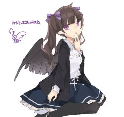 Rule 34 | 1girl, alternate costume, black hair, black jacket, black pantyhose, black wings, blue skirt, casual, commentary request, contemporary, feathered wings, feet out of frame, hair ribbon, hand up, high heels, himekaidou hatate, jacket, long hair, long sleeves, looking at viewer, open clothes, open jacket, pantyhose, parted lips, petticoat, pointy ears, purple eyes, purple ribbon, ribbon, shirt, signature, simple background, sitting, skirt, solo, touhou, toutenkou, translation request, wariza, white background, white footwear, white shirt, wings