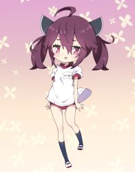 Rule 34 | 1girl, ahoge, black socks, blush, brown background, brown hair, buruma, chibi, closed mouth, commentary request, full body, gradient background, gym shirt, gym uniform, hair between eyes, headgear, highres, looking at viewer, milkpanda, puffy short sleeves, puffy sleeves, purple background, red buruma, red eyes, shirt, shoes, short sleeves, socks, solo, standing, standing on one leg, tongue, tongue out, touhoku kiritan, twintails, uwabaki, voiceroid, white footwear, white shirt