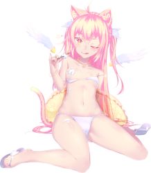 Rule 34 | 1girl, ;q, ahoge, angel wings, animal ears, arm behind back, arm support, bare legs, bare shoulders, bikini, blonde hair, blush, breasts, cat ears, cat tail, colored eyelashes, dev (dev0614), food, food on body, food on breasts, food on face, ice cream, innertube, jewelry, kaku-san-sei million arthur, long hair, looking at viewer, million arthur (series), navel, necklace, one eye closed, original, pinky out, popsicle, sandals, sexually suggestive, simple background, single sandal, sitting, small breasts, solo, suggestive fluid, swim ring, swimsuit, tail, tongue, tongue out, two side up, very long hair, wariza, white background, white bikini, wings, yellow eyes