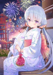 Rule 34 | 1girl, aerial fireworks, blush, closed mouth, commentary request, fireworks, grey hair, hair between eyes, japanese clothes, kimono, lantern, long hair, long sleeves, low twintails, night, night sky, obi, on bench, original, outdoors, paper lantern, pinching sleeves, red eyes, sash, sitting, sky, sleeves past wrists, solo, twintails, very long hair, white kimono, wide sleeves, yuuki rika