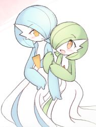 Rule 34 | 2girls, alternate color, arm hug, blue hair, blue skin, blush, bob cut, chromatic aberration, closed mouth, colored skin, creatures (company), eye contact, female focus, flat chest, game freak, gardevoir, gen 3 pokemon, gradient background, green hair, green skin, hair over one eye, hand on lap, hands up, happy, invisible chair, kneeling, looking at another, lotosu, multicolored skin, multiple girls, nintendo, open mouth, orange eyes, pokemon, pokemon (creature), red eyes, shiny and normal, shiny pokemon, short hair, simple background, sitting, smile, two-tone skin, white background, white skin, yuri